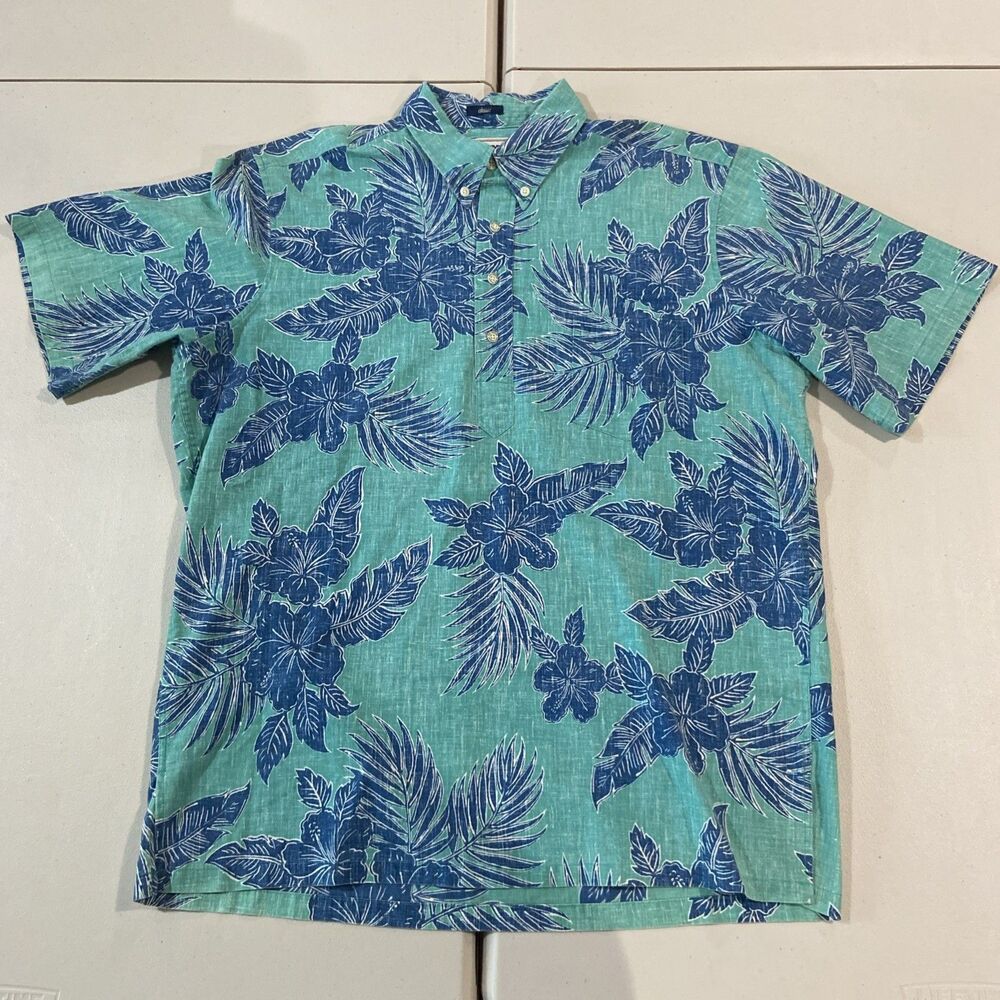 Reyn Spooner Sz M Popover Blue Hibiscus Bold Abstract Floral Hawaiian Tropical